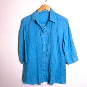 100% linen turquoise Blue Button Down Shirt top sz S women’s pintuck coastal